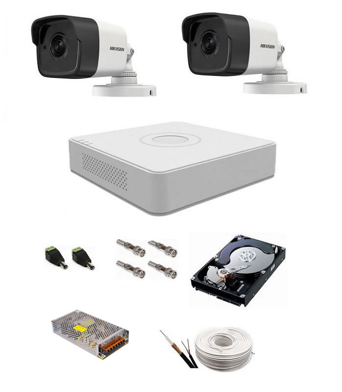 Sistem supraveghere audio-video Hikvision 2 camere 5 Mp, IR 20 m